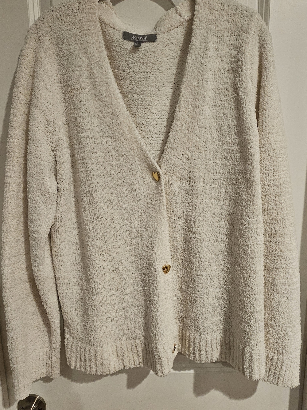 Plush Cream V-Neck Cardigan with Gold Heart Buttons